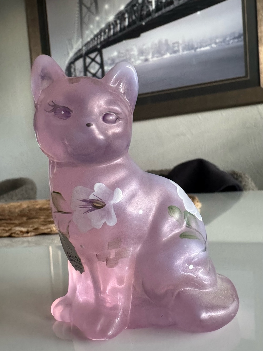 Fenton Lavender Satin Glass Cat Figurine with Hand-Painted White Flowers
